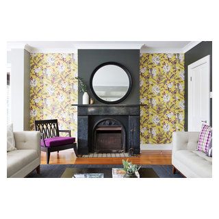 Cremorne Point 1 - Craftsman - Living Room - Sydney - by Cloth + Stone Designs | Houzz Chimney Breast Decor, Wallpaper Around Fireplace, Wall Papering Ideas Living Room, Wall Papering Ideas, Fireplace Accent Wall, Chimney Decor, Wallpaper Fireplace, Fireplace Accent Walls, Craftsman Living Room