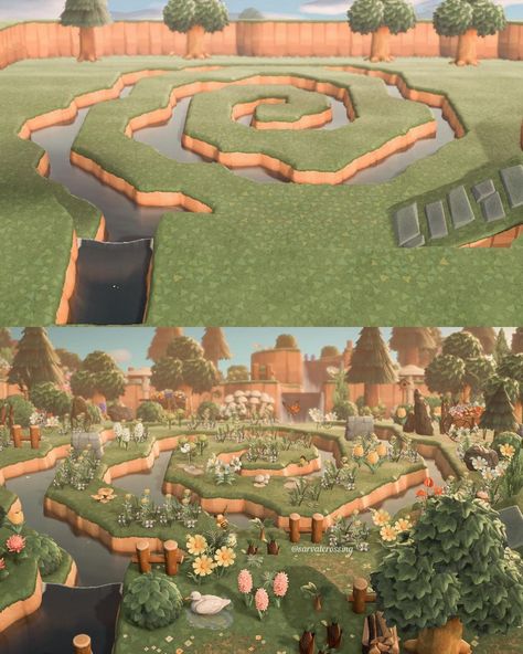 Acnh Spiral River, Animal Crossing Fairy Circle, Acnh Before And After, Animal Crossing River, Fairy Island Animal Crossing, Acnh Fairy Circle, Animal Crossing Island Inspiration Fairy, Sims Cottage Living, Animal Crossing Landscape