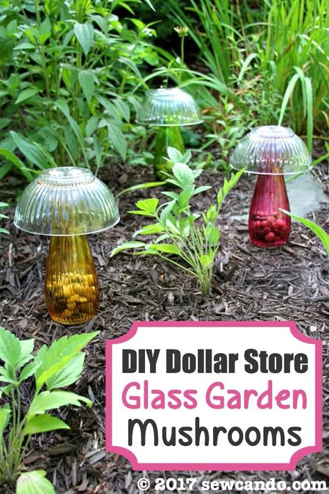 Sew Can Do: DIY Dollar Store Glass Garden Mushrooms Outdoor Yard Crafts Easy Diy, Mushroom Vase Diy, Dollar Tree Mushrooms, Dollar Tree Mushroom Crafts, Dollar Tree Solar Lights Diy Projects, Outdoor Summer Hosting Ideas, Mushroom Outdoor Decor, Outdoor Mushroom Decor, Yard Diy Ideas