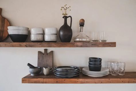 Pantry Wood Shelves, Kitchen Woodwork, Barnwood Shelves, Model Dapur, Reclaimed Wood Floating Shelves, Floating Shelves Kitchen, Rustic Shelf, Bohemian Kitchen, Rustic Floating Shelves