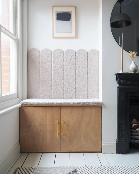 We made our spare bedroom into an office space and as part of the makeover we made this little alcove in the the room a multi-use space by creating built in storage and upholstered the top and back to make a seating area. Alcove Seating, Built In Seating, Built In Bench, Spare Room, Love Your Home, Window Seat, Banquette, Interior Details, Room Makeover