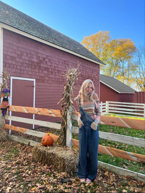 transitional fall outfit, fall aesthetic outfit, denim overalls outfit, the perfect baggy overalls, overalls with long sleeeve outfit, fall try on haul, fall oufits, fall aesthetic style, outfit inspo, cool sweaters & knit for fall, fall outfit, pumkin patch picture inspo, fall aesthetic photos to recreate Overall Farm Outfit, Overall Pants Outfit Fall, Baggy Overalls Outfit Winter, Pumpkin Patch Outfit Overalls, Overalls Outfit With Sweater, Sweater With Overalls Outfit, Overall And Sweater Outfit, Overalls Costume Halloween, Overalls Sweater Outfit