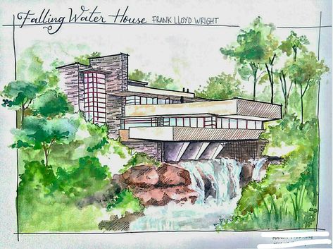 Fallingwater By Frank Lloyd Wright, Fallingwater House, Falling Water Frank Lloyd Wright, Falling Water House, Waterfall House, Falling Water, Interior Architecture Drawing, Water House, Perspective Drawing