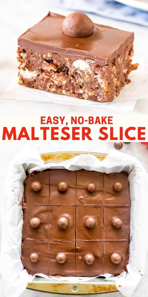 No Bake Malteser Slice, Tray Bake Desserts, Malteaser Recipes, Malteser Dessert, Slices Recipes Easy, Malteaser Slice, Malteser Recipes, Crunchy Desserts, Malteser Tray Bake