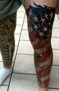 Flag Sleeve Tattoo, Tattoo Bein Frau, American Flag Sleeve Tattoo, American Flag Tattoos, Military Tattoo, Flag Tattoos, Patriotic Tattoos, Full Leg Tattoos, Army Tattoos