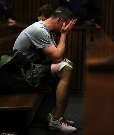 Can't bear to look: Oscar Pistorius, with his prosthetic legs visible in the dock, holds his head in his hands during the hearing Reeva Steenkamp, Graphic Pictures, Oscar Pistorius, Court Room, Prosthetic Leg, The Judge, Pretoria, His Hands