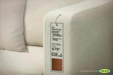 IKEA Price Tag For Furniture, Furniture Price Tag Design, Sofa Ads, Ikea Ad, Price Tag Design, Funny Advertising, Magazine Web Design, Yard Furniture, Bags Diy