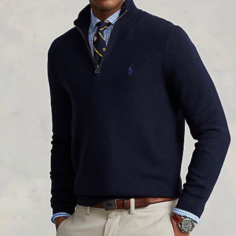 Rib-Knit Mockneck. Quarter-Zip Placket. Long Sleeves With Rib-Knit Cuffs. Rib-Knit Hem. Signature Embroidered Pony At The Left Chest. Cotton. Machine Washable. Imported. Old Money Quarter Zip, Navy Quarter Zip Outfit, Quarter Zip Outfit, Finance Bro, Sweatshirt Outfit Men, Zipper Outfit, Ralph Lauren Quarter Zip, Gentlemen Wear, Mens Business Casual Outfits