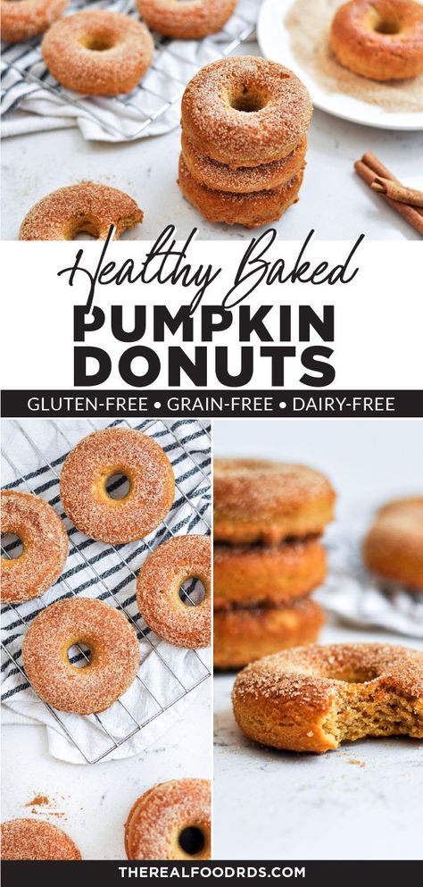 Fall in love with these Healthy Baked Pumpkin Spice Donuts this fall. With the most amazing texture from almond flour and coconut flour, the perfect amount of pumpkin spice flavor, and a cinnamon-sugar outer coating, this baked donut recipe is the best donut recipe ever. || The Real Food Dietitians || Classic Donut Recipe, Cheesecake Donut, Pumpkin Donuts Baked, Gluten Free Donuts Baked, Best Donut Recipe, Pumpkin Donuts Recipe, Baked Donut, Real Food Dietitians, Healthy Donuts