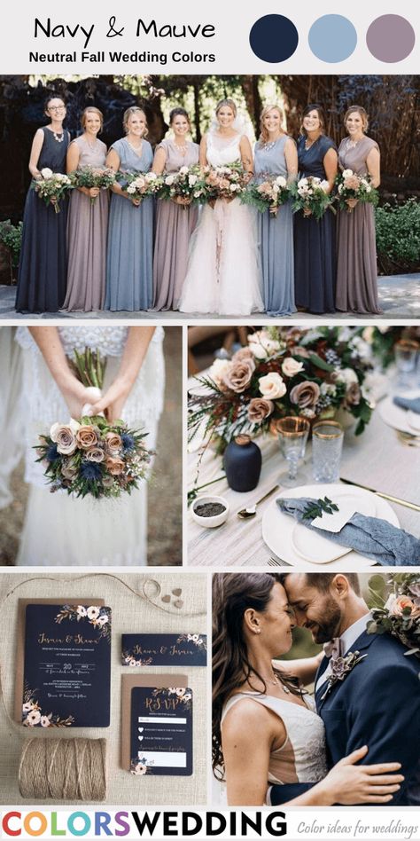 Neutral Wedding Color Schemes, Neutral Fall Wedding, Navy Bridal Bouquet, Mauve Wedding Colors, Fall Wedding Trends, Burgundy Wedding Colors, Mauve Bridesmaid Dress, Wedding Color Palettes, Wedding Color Pallet