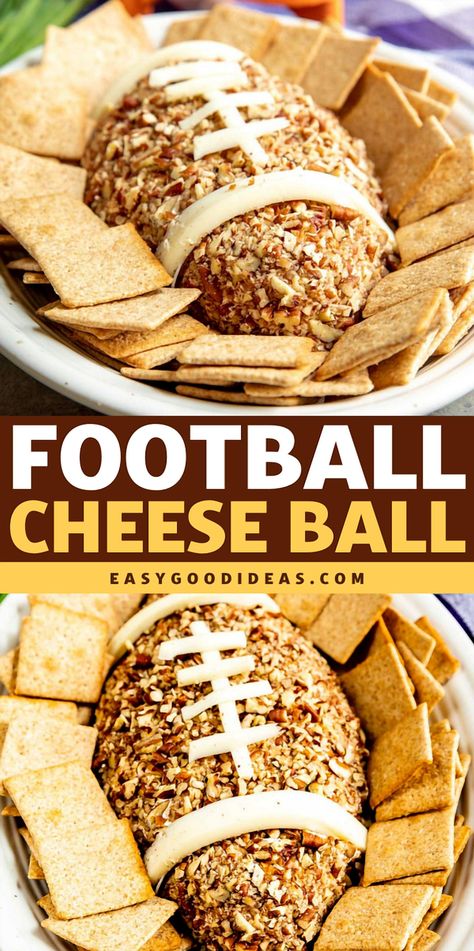 Kick off your game day with a touchdown-worthy Football Cheese Ball! This tasty appetizer, infused with cheddar and a hint of hot sauce, is perfect for your football party spread. Serve it with a selection of your favorite crackers for an easy and delicious snack that’s sure to be a hit with the crowd. Crockpot Recipes Football Parties, Football Food Ideas Appetizers, Football Appetizers Easy Finger Foods, Football Cheese Ball, Football Party Food Ideas, Football Snacks Appetizers, Football Appetizers Easy, Football Food Ideas, Football Game Food