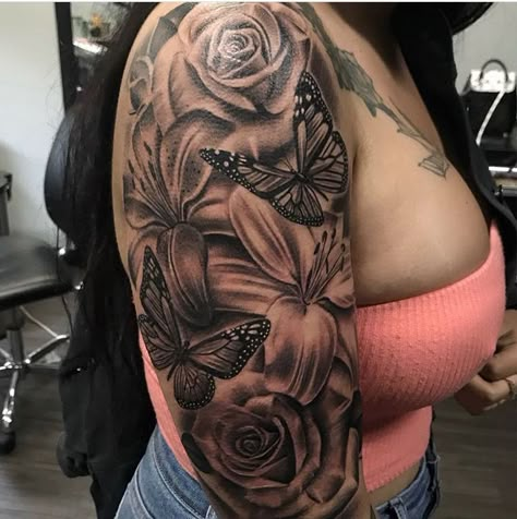 Tattoo Sleeve Women Butterflies, Rose Sleeve Tattoo Black Women, Rose And Butterfly Sleeve Tattoo, Shoulder Half Sleeve Tattoo For Women Black, Shoulder Flower Tattoos For Women Black, Half Sleeve Tattoos For Women Upper Arm Roses And Butterflies, Flower Sleeve Tattoos For Women Black, Upperarmtattoo Women, Rose Half Sleeve Tattoos For Women