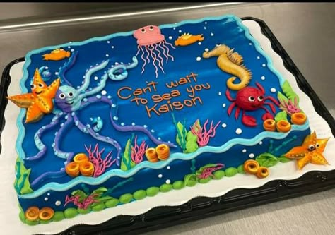 Celebration Sheet Cakes Ideas, Ocean Sheet Cake Ideas, Ocean Theme Cake For Boys, Under The Sea Birthday Sheet Cake, Under The Sea Sheet Cake Ideas, Ocean Theme Sheet Cake, Ocean Cupcake Cake, Sea Animals Birthday Cake, Diy Under The Sea Cake