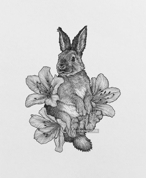 Chinese Zodiac Rabbit, Rabbit Pen, Zodiac Rabbit, Illustrators On Instagram, Black And White Drawing, Chinese Zodiac, Ink Illustrations, Needle Art, Ink Pen Drawings