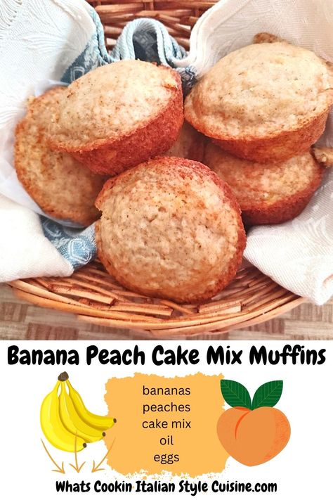 Banana Peach Cake Mix Muffins Sour Cream Muffins, Cake Mix Muffins, Baking Nuts, Italian American Food, Cherry Muffins, Homemade Blueberry Muffins, Peach Muffins, Peach Pie Filling, Cooking Tricks