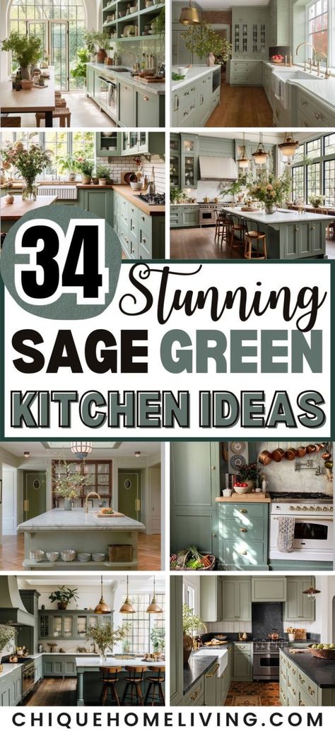 Green And Quartz Kitchen, Cozy Kitchen Cottage Green, Sage Cupboards Kitchen, Green Farmhouse Kitchen Wall Colors, Sage Green Cabinets With Gold Hardware, Modern Farmhouse Camper Remodel, Kitchen With Sage Cabinets, Countertops That Go With Green Cabinets, Sage Green Cabinets With Black Countertops