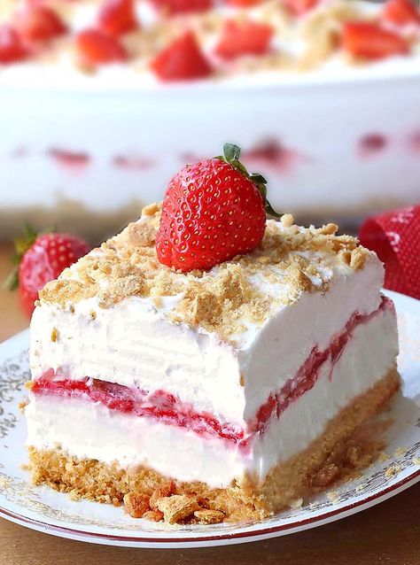 No Bake Strawberry Cheesecake Lasagna - Sugar Apron Strawberry Cheesecake Lasagna, Cheesecake Lasagna, Strawberry Lasagna, No Bake Strawberry Cheesecake, Fruit Pizza Sugar Cookie, Coconut Dessert, Cheesecake Dessert, Baked Strawberries, Bake Dessert