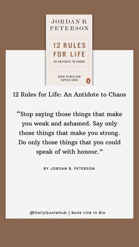 12 Rules for Life: An Antidote to Chaos by Jordan B. Peterson is a self-help book published in 2018. It offers practical advice through twelve life principles aimed at bringing order to chaos, touching on themes of personal responsibility, discipline, and meaning. #SelfHelp #LifeAdvice #JordanPeterson #PersonalDevelopment #12RulesForLife 12 Rules For Life Jordan Peterson Book, 12 Rules For Life Jordan Peterson, 12 Rules For Life, Life Principles, Rules For Life, Jordan B Peterson, Jordan B, Book Board, Personal Responsibility