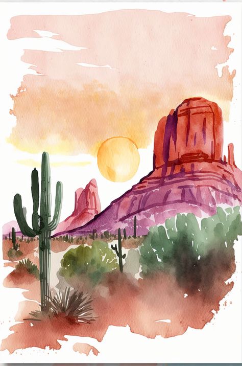 Contemporary Watercolor Art, Water Paint Art, Desert Landscape Art, Watercolor Art Landscape, Cactus Painting, Contemporary Watercolor, Watercolor Cactus, Landscape Art Painting, Art Impressions