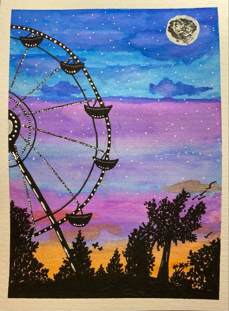 🎡 noria Painting Ideas Ferris Wheel, Ferris Wheel Painting Acrylic, Gaint Wheel Painting, Ferris Wheel Watercolor, Fun Fair Drawing, Ferris Wheel Illustration, Ferris Wheel Drawing, Ferris Wheel Painting, Ferris Wheel Art