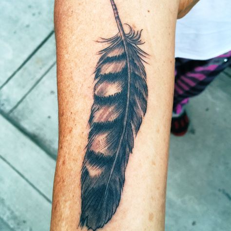 Hawk Feather tattoo from Ron Nelson at Mission Ink in Santa Cruz. Golden Eagle Feather Tattoo, Red Tail Hawk Feather Tattoo, Red Tailed Hawk Feather Tattoo, Hawk Feather Tattoo, Red Tail Hawk Feathers, Feather Ideas, Hawk Feather, Red Tail Hawk, Feather Tattoo Meaning