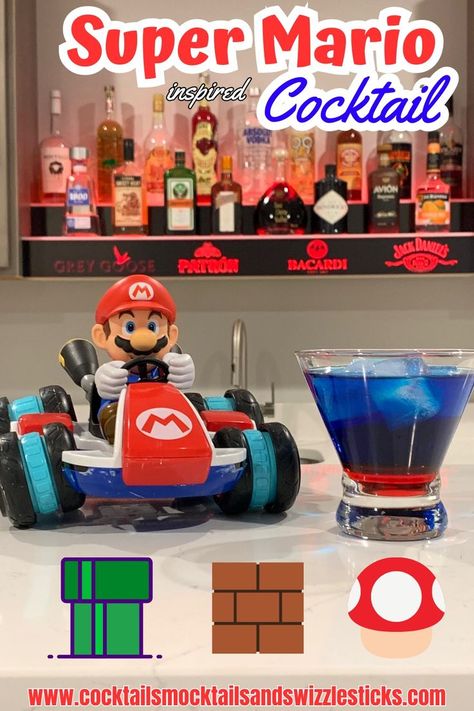 This image shows a blue drink with a red bottom sitting next to mario on a race car in front of a red lighted bar shelf. Super Mario Bros Party, Mario Bros Party, Themed Drinks, Classic Video, Super Mario Brothers, Classic Video Games, Mario Party, Mario Brothers, Family Movie Night