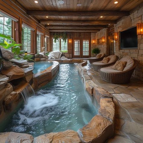 Indoor Pool Ideas, Indoor Pool House, Indoor Pool Design, Dream Backyard Pool, Castle Home, Indoor Pools, Log House, Unusual Homes, Rustic Home Design