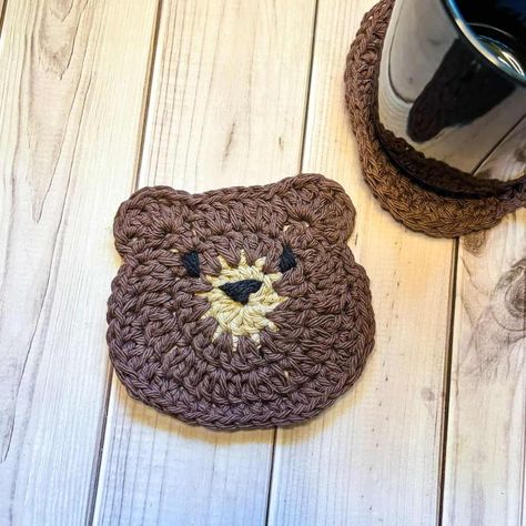 Crochet Bear Coaster Pattern, Crochet Bear Coaster, Bear Coaster Crochet, Crochet Animal Coaster, Backpack Patterns, Bear Hat Pattern, Crochet Bear Hat, Coaster Crochet Pattern, Beary Cute