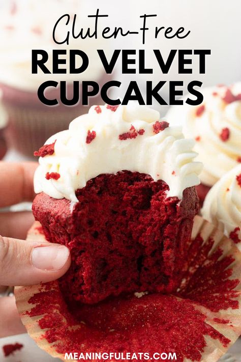 A red velvet cupcake with white cream cheese frosting swirled on top, sprinkled with cake crumbles. A bite has been taken out of the cupcake. Gluten Free Red Velvet Cupcakes, Gluten Free Red Velvet Cake, Velvet Cupcake Recipe, Gluten Free Red Velvet, Gluten Free Cupcake Recipe, Homemade Cream Cheese Frosting, Gluten Free Valentines, Gluten Free Chocolate Cupcakes, Red Velvet Cupcakes Recipe