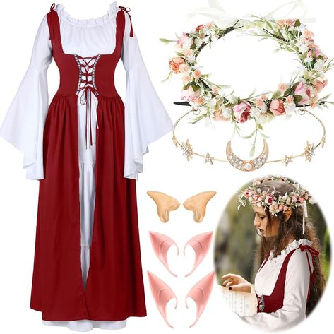 Amazon.com: Bonuci Women Renaissance Dress Medieval Costume Women with Elf Ears, Moon Head Chain and Woodland Fairy Crown for Carnival(2X-Large/ 3X-Large,Light Green) : Clothing, Shoes & Jewelry Woodland Fairy Crown, Ren Faire Dress, Medieval Costume Women, Ren Faire Outfits, Dress Medieval, Green Clothing, Fairy Crown, Elf Ears, Costume Women