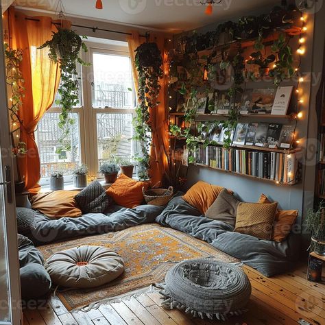 AI Generated Bohemian reading nook with floor cushions tapestries Floor Nook Ideas, Bohemian Floor Cushions, Boho Reading Nook Cozy Corner, Bohemian Reading Nook, Floor Reading Nook, Living Room Floor Cushions, Bohemian Classroom, Reading Nook In Bedroom, Meditation Room Ideas