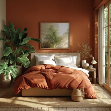 Fresh Bedroom Ideas Colour Palettes, Good Colours For Bedroom, Rooms With Orange Walls, Bedroom Design Colourful, Burnt Orange Bedroom Ideas Accent Walls, Bedroom With Orange Walls, Sage And Clay Bedroom, Burnt Orange Ceiling, Room Color Inspo Bedroom