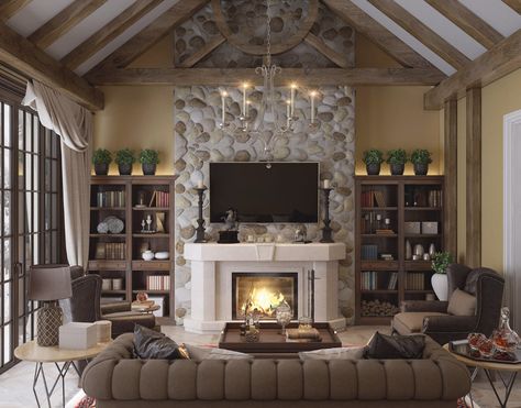 Living room with fireplace on Behance Modern Craftsman Interior Design, Suburban Living Room, Modern Craftsman Interior, Suburban Houses, Craftsman Interior Design, Mansion Living Room, Craftsman Interior, Suburban House, Room With Fireplace