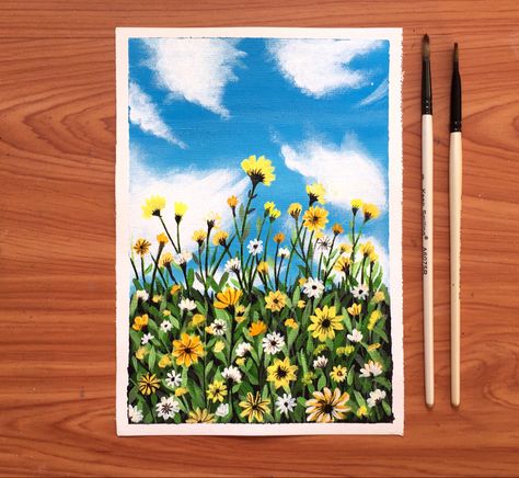 Poster Color Flowers Painting, Spring Painting Tutorial, Simple Acrylic Paintings Landscape, Poster Color Painting For Beginners, Painting Landscape Tutorial, Scenery Painting Tutorial, Spring Acrylic Paintings, Acrylic Paint Easy, Easy Step By Step Painting