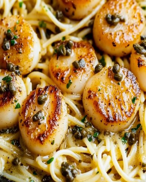 Scallop pasta recipe with caper butter sauce. A quick and easy gourmet dish perfect for seafood lovers, ready in just 20 minutes! Scallop Pasta Recipe, Caper Butter Sauce, Scallop Recipes Pasta, Optimal Recipes, Caper Butter, Scallop Pasta, Capers Recipe, Scallop Recipes, Delicious Pasta