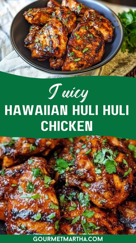 Bring the tropical flavors of Hawaii to your table with this tender, sweet, and savory chicken recipe. Perfect for dinner ideas or quick lunch recipes, this dish is a family favorite that pairs perfectly with salads or rice. Your next favorite meal is just a click away! #chickenrecipes #hulihulichicken #dinnerideas #quicklunchrecipes #hawaiianfood #easychickenrecipes #healthydinner #grilledchicken #chickenbreastrecipes #familydinner Hawaiian Huli Huli Chicken, Easy Yummy Meals, Luau Recipes, Huli Huli Chicken Recipe, Sweet And Savory Chicken, Sizzling Chicken, Sunny Backyard, Dinners Crockpot, Hawaiian Chicken Recipes