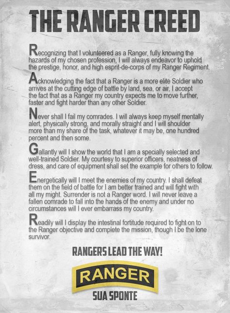 The Ranger Creed...the code U.S. Army Rangers live by. Creed Quotes, Ranger Regiment, Ranger School, Airborne Ranger, Us Army Rangers, 75th Ranger Regiment, Military Quotes, Army Rangers, Army Strong