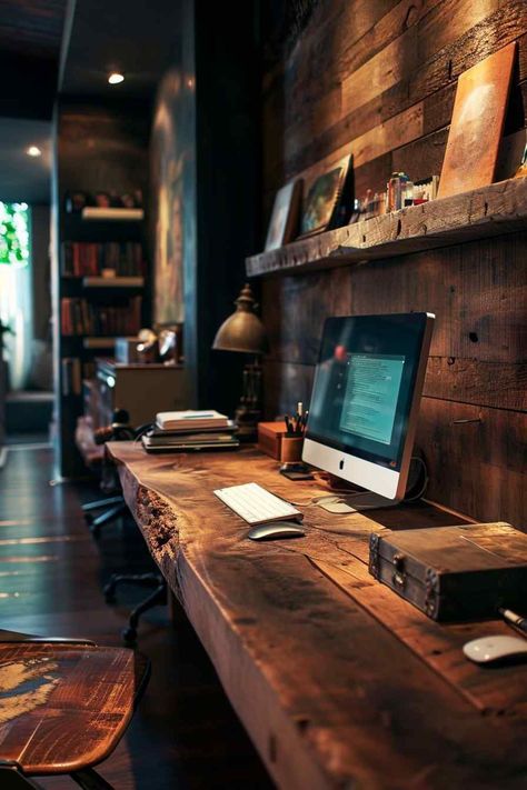 Interior Design Industrial Style Desk Office, Engineering Home Office, Tech Home Office, Office Technology, Moody Office, Vintage Home Office, Sophisticated Office, Home Office Room, Wood Office