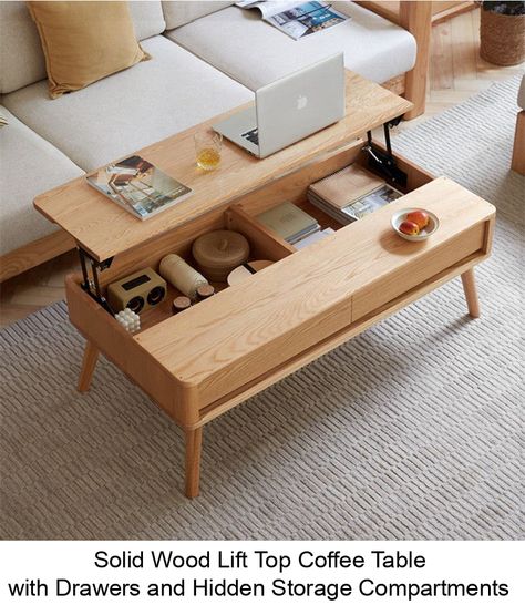 SPACIOUS STORAGE SPACE: For other coffee tables, you may suffer from not having enough storage space. But this one has a hidden compartment beneath the top, you can store your often-used items and keeping them away from dirt. You can also put your remote controllers, books, snacks in the side drawers. LIFT-TOP DESIGN: Wood Lift Top Coffee Table, Natural Living Room, Coffee Table With Drawers, Apartment Diy, Apartment Balcony, Lift Top Coffee Table, Small Balcony Ideas, Solid Wood Coffee Table, Apartment Balcony Decorating