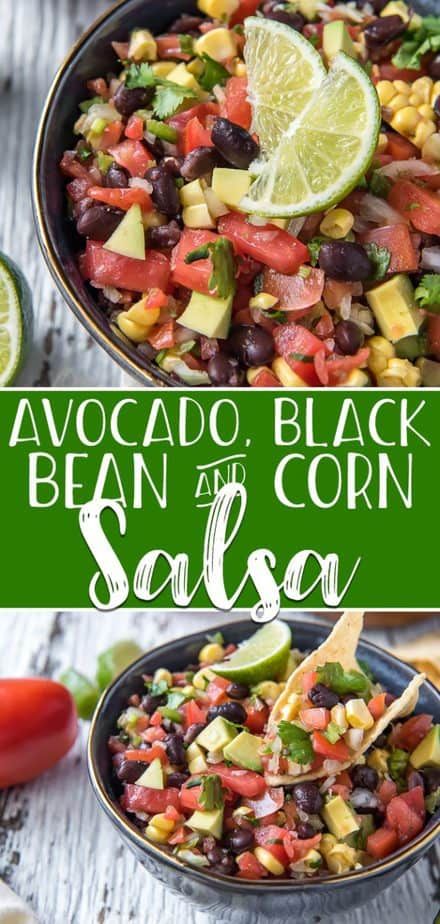 Spice up your fiesta with this colorfully delicious Avocado, Black Bean and Corn Salsa! Diced tomato, onion, and jalapeño come together with with fresh corn, black beans, and ripe avocado, with lots of lime and cilantro to round out the classic Mexican flavors. #crumbykitchen #salsa #blackbeans #corn #fiesta #appetizer #cincodemayo Bean Salsa Dip, Bean And Corn Salsa Recipe, Bean Corn Salsa, Black Bean Salsa Recipe, Healthy Reciepes, Bean Salsa Recipe, Black Bean And Corn Salsa, Corn Bean Salsa, Black Bean Corn Salsa