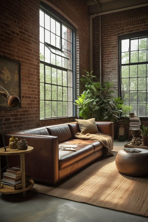 Embrace the charm of this industrial-inspired living room, featuring a chocolate brown Italian designer sofa, exposed brick walls, and raw concrete flooring. Industrial Living Room Design, Industrial Style Living Room, Industrial Living Room, Leather Couches, Brick Interior Wall, Brick Interior, New York Loft, Brick Loft, Industrial Living