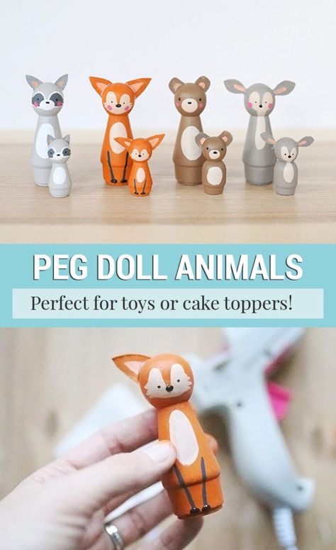 Learn how to make peg dolls of cute little animals. These wooden peg dolls are a perfect toy or a baby shower cake topper idea! #babyshower #party Peg Doll Animals, Puppet Makeup, Wooden Peg Dolls, Puppet Master, Wood Peg Dolls, Bendy Doll, Little Animals, Peg People, Clothespin Dolls