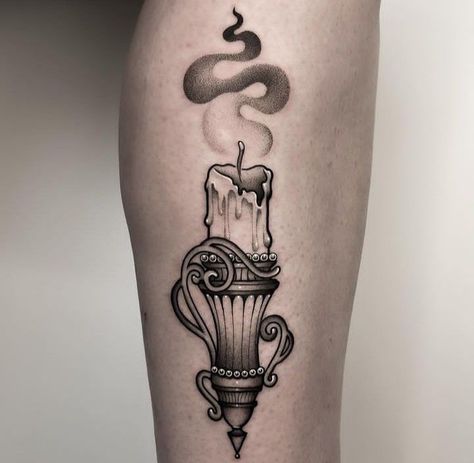 Moon In A Bottle Tattoo, Witchy Candle Tattoo, Candles Tattoo Design, Candle Stick Tattoo, Candle Lantern Tattoo, Burning Candle Tattoo, Candlestick Tattoo, Jade Tattoo, Candle Tattoo Design