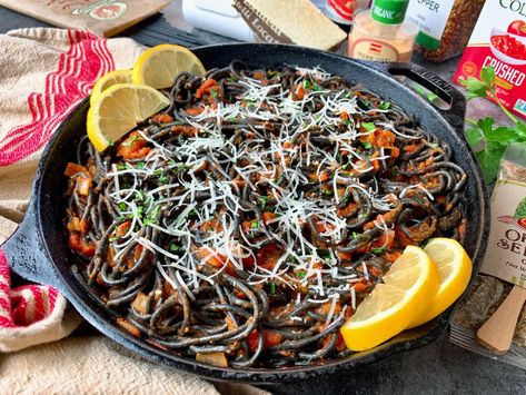 Sauce For Squid Ink Pasta, Squid Ink Pasta Sauce, Squid Ink Pasta Dishes, Squid Ink Pasta Recipe, Lemon Garnish, Black Noodles, Ink Pasta, Red Sauce Recipe, Squid Ink Pasta