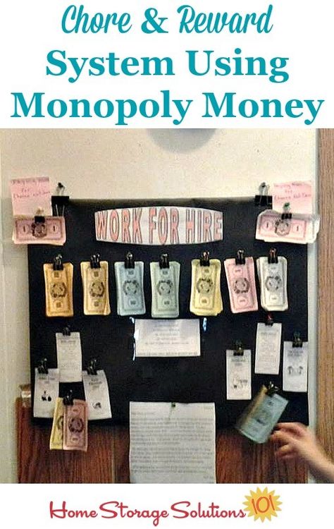 Chore and Reward System Using Monopoly Money Chore Chart Ideas, Allowance System, Chores And Allowance, Reward System For Kids, Chore Rewards, Chore System, Chore Board, Kids Chore Chart, Family Chore Charts