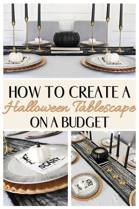 Halloween Tablescape On A Budget Black White And Gold | Table Scapes | DIY | Elegant | Dining Room | Ideas | Kids | Simple | Buffet | Round Table | Dollar Stores | Adult | Candles | Cute | Cauldron | Classy | Centerpiece | Creepy | Spooky Chic | Dinnerware Sets | Décor | Decorations | Dark | Halloween Party | Easy | Food | Flowers | Fancy | Gothic | Glam | Hocus Pocus | Vintage | Luxury | Modern | Minimal | Moody | Outdoor | Pumpkin | Pretty | Scary | Sophisticated | Runner | Whimsical Dark Halloween Party, Elegant Dining Room Ideas, Cute Cauldron, Simple Buffet, White And Gold Table, Candles Cute, Halloween Table Centerpieces, Realistic Candles, Gold Halloween