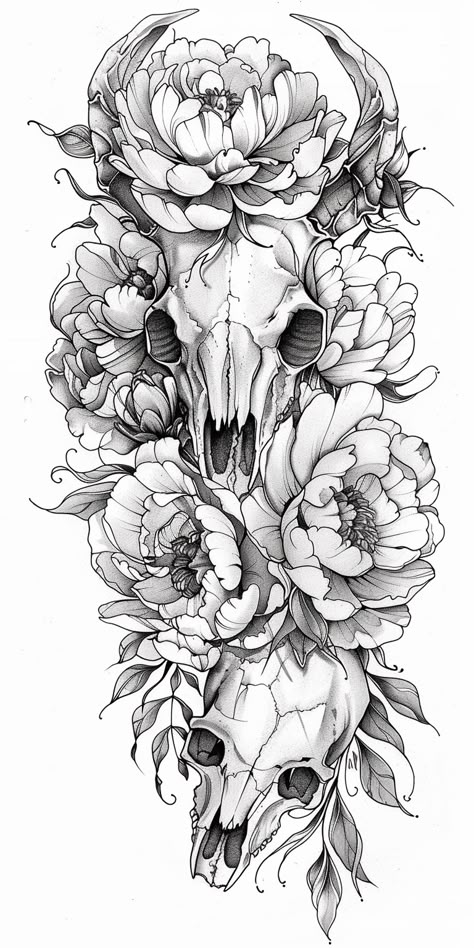 Tattoo Half Sleeve: Peonies and Animal Skull Peony With Skull Tattoo, Back Skull Tattoo Women, Hip Skull Tattoos Women, Flower Tattoo Sleeve Designs, Lotus Flower And Skull Tattoo, Tattoo Design Drawings Skull, Skull And Leaves Tattoo, Nature Tattoos Leg, Animal Skull Sleeve Tattoo