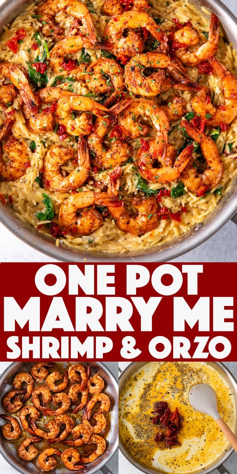 One Pot "Marry Me" Shrimp and Orzo Pasta - freshly sautéed juicy shrimp in a creamy flavor-packed tuscan inspired sun-dried tomato sauce with orzo and spinach. Shrimp Meat Recipes, Family Shrimp Dinner Ideas, Shrimp With Sundried Tomatoes Recipe, Shrimp Orzo Dinner Recipes, Tuscan Shrimp And Spinach Pasta, One Pot Meals Shrimp, Tasty Cajun Shrimp, Healthy Dinner And Lunch Recipes, Nice Dinner For 2