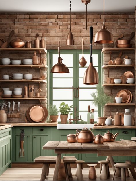 Ilustrasi Dapur Rustik dengan Nuansa Pedesaan yang menampilkan Meja Dapur Kayu Kasar, Rak Kayu Terbuka, dan Peralatan Dapur Tembaga. Menggabungkan bahan kasar dan elemen alami, serta sentuhan vintage pada aksesori, dengan latar belakang dinding bata terbuka Open Shelves Kitchen Brick Wall, Green Kitchen Brick Wall, Wooden Country Kitchen, Brick And Copper Kitchen, Countryside Kitchen Ideas, Exposed Kitchen Shelves, Exposed Brick Walls Kitchen, Kitchen Window Designs, Brick Kitchen Wall