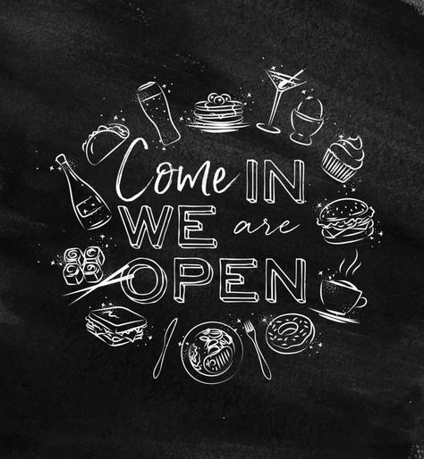 We are open monogram with food icon drawing with chalk on chalkboard Food Chalkboard, Drawing With Chalk, Coffee Chalkboard, Food Icon, Open Signs, North Country, We Are Open, Window Painting, Chalkboard Art